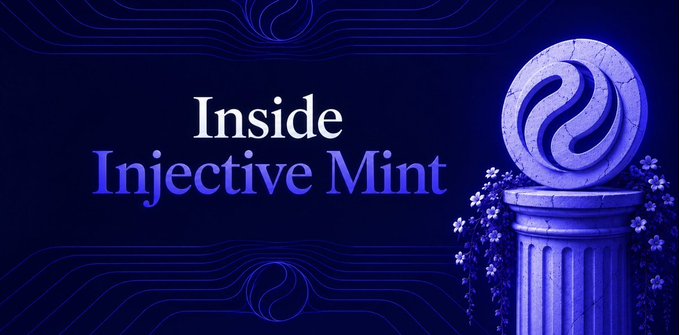 A promotional graphic reading 'Inside Injective Mint' with a stylized blue stone column bearing the Injective logo.
