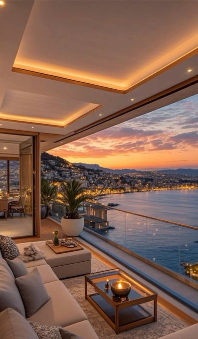 The image shows a large living room with a couch and coffee table situated near an outdoor balcony that overlooks a body of water, possibly a lake or ocean. The balcony has a glass railing, providing a stunning view for those seated on the couch. A potted plant is placed next to the couch, adding a touch of greenery to the space. 

In addition to the main furniture items, there are two chairs in the room and a dining table nearby. On the coffee table, there's a candle that adds warmth and ambiance to the scene. The overall atmosphere appears to be inviting and comfortable, with the outdoor balcony offering an excellent view of the water below.