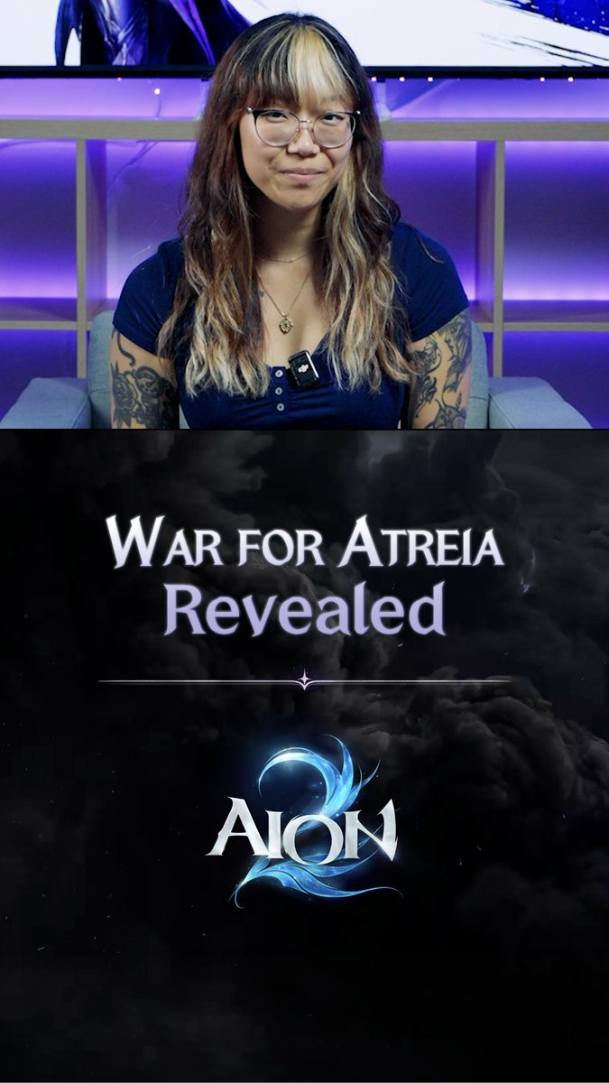 A split image showing a woman with blonde-streaked hair, glasses, and arm tattoos on top, and promotional artwork for the video game 'AION' with the title 'War for Atreia Revealed' below.