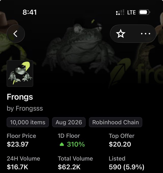 Mobile app interface for an NFT collection called "Frongs" by Frongsss on the Robinhood Chain, showing 10,000 items with a floor price of $23.97 and 24H volume of $16.7K.
