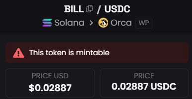 A cryptocurrency trading screen for the token 'BILL / USDC' on the Solana/Orca pair, warning 'This token is mintable' with a price of $0.02887 USD.