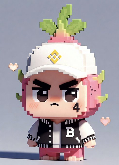 In the image, there's a tiny figure of a boy wearing a hat and a white jacket with black buttons. The boy has a pink design on his face and appears to be wearing a red baseball cap. He also sports some tattoos on his face. The miniature character is sitting down against a plain background. This figure resembles someone named Binancezh, who might be the artist behind this tiny creation. The post's context revolves around discussing the boy's outfit or appearance, possibly related to gaming or arts and crafts.