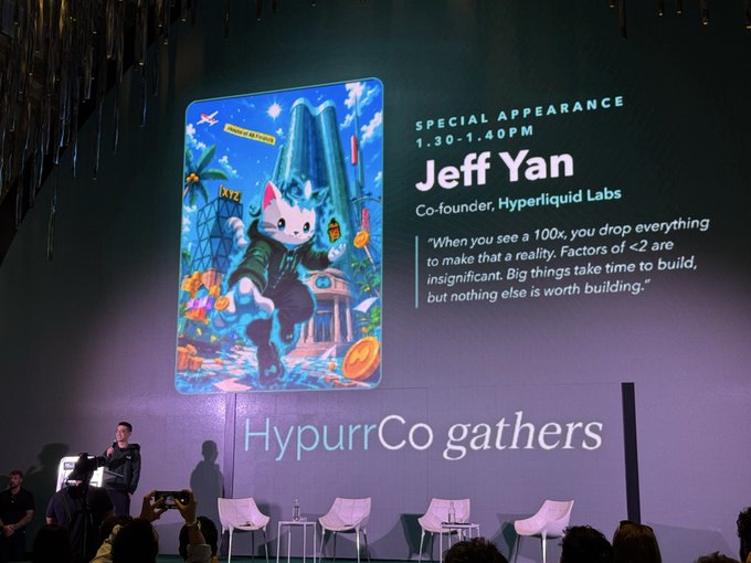 A stage presentation featuring a screen displaying a colorful anime-style character artwork and the name 'Jeff Yan, Co-founder, Hyperliquid Labs' for a Special Appearance at 1:30-1:40PM, with the event titled 'HypurrCo gathers'.