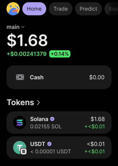 A crypto wallet app showing a portfolio balance of $1.68, primarily holding Solana (0.02155 SOL) and a small amount of USDT.
