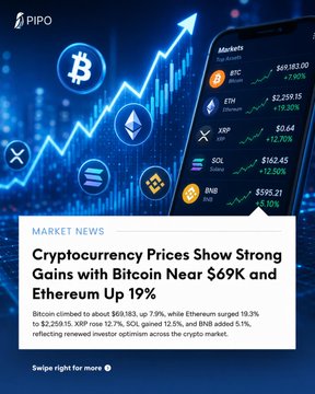 A PIPO crypto market news graphic showing Bitcoin near $69K and Ethereum up 19%, with a market list displaying BTC, ETH, XRP, SOL, BNB prices.