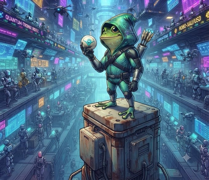 A detailed cyberpunk-style illustration of an anthropomorphic frog in a green hooded outfit holding a glowing orb, standing on a metal platform in a futuristic, neon-lit city market.