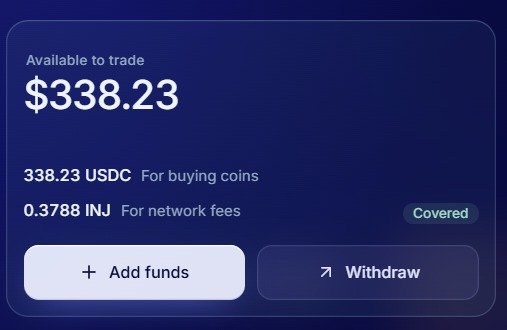A digital wallet dashboard displays $338.23 available to trade, with 338.23 USDC allocated for buying coins and 0.3788 INJ set aside for network fees (marked "Covered"), alongside "Add funds" and "Withdraw" buttons. The balance visually supports the post's reference to a "$20 – $360" price run, showing an account balance within that range for purchasing the token.