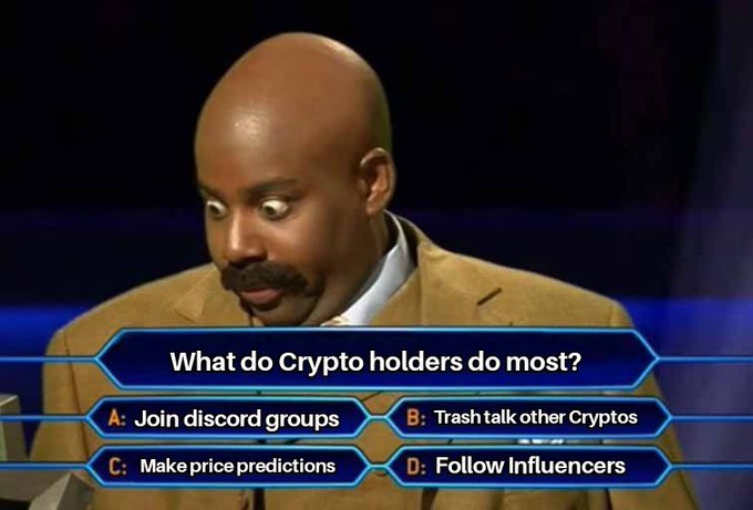 A meme screenshot from a game show featuring a man looking surprised, with the question 'What do Crypto holders do most?' and answer options including joining Discord groups, trash talking other cryptos, making price predictions, and following influencers.