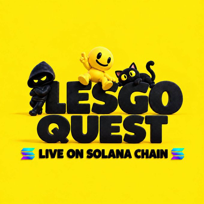 A promotional graphic for 'LE$GO QUEST' launching 'LIVE ON SOLANA CHAIN', featuring 3D characters including a black hooded figure, a yellow smiley face, and a black cat against a yellow background.