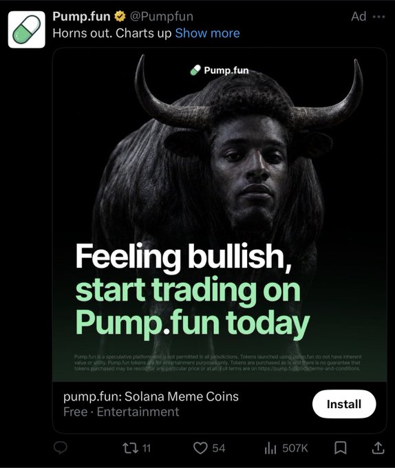 An advertisement for 'Pump.fun: Solana Meme Coins' with the text 'Horns out. Charts up' and 'Feeling bullish, start trading on Pump.fun today,' featuring a figure with large bull horns over a dark background.