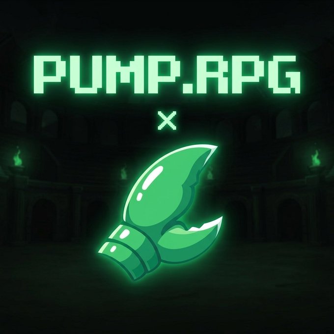 A neon green pixel-art style graphic displaying 'PUMP.RPG' with an 'x' symbol and a stylized claw/talons icon against a dark dungeon-like background.