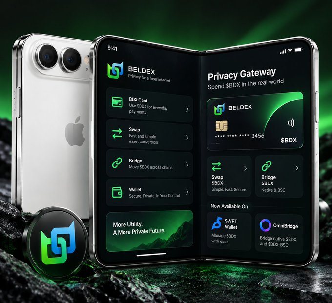 A promotional image shows a foldable smartphone displaying the “BELDEX” Privacy Gateway, with visible options including BDX Card, Swap, Bridge, Wallet, SWFT Wallet, and OmniBridge, plus the Apple logo and BELDEX branding.