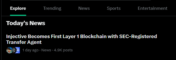 A news app interface showing 'Today's News' with the headline 'Injective Becomes First Layer 1 Blockchain with SEC-Registered Transfer Agent' under an 'Explore' tab.