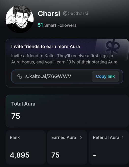 Kaito profile screen for “Charsi @0xCharsi” with “51 Smart Followers” and a referral panel: “Invite friends to earn more Aura,” including the link “s.kaito.ai/Z6GWWV” and a “Copy link” button. Stats show “Total Aura 75,” “Rank 4,895,” “Earned Aura 75,” and “Referral Aura -.”