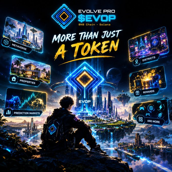 The image is a promotional graphic for "Evolve Pro" ($EVOP), featuring the tagline "More Than Just A Token" and showcasing its various features in panels: Metaverse, Properties, Prediction Markets, Districts, Rewards, and "And More," all set against a vibrant sci-fi cityscape with a figure gazing at a glowing diamond logo. It visually reinforces the post's message that $EVOP encompasses a diverse ecosystem of products and utilities beyond just being a cryptocurrency token.