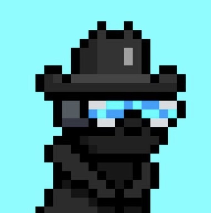 A pixel art character wearing a black wide-brimmed hat and glowing cyan visor against a light blue background.