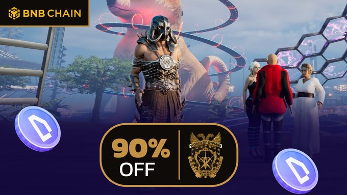BNB Chain promotional banner featuring fantasy warrior characters, including a horned armored figure and others, advertising a '90% OFF' discount alongside the 'Guild of Guardians' game logo with floating purple coin icons.