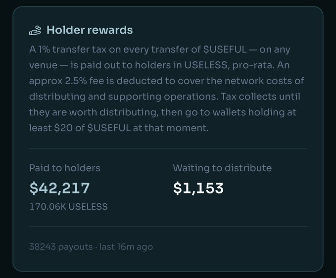 The image shows the $USEFUL “Holder rewards” dashboard, reporting $42,217 paid to holders (170.06K $USELESS) and $1,153 awaiting distribution. It explains that a 1% transfer tax funds pro-rata holder rewards after a ~2.5% network fee, supporting the post’s claim that $USEFUL generates ongoing buy pressure into $USELESS.