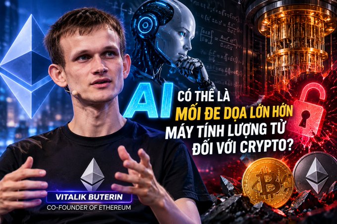 Vitalik Buterin, labeled as "CO-FOUNDER OF ETHEREUM," is featured in a graphic with Vietnamese text asking "AI CÓ THỂ LÀ MỐI ĐE DỌA LỚN HƠN MÁY TÍNH LƯỢNG TỬ ĐỐI VỚI CRYPTO?" (Could AI be a bigger threat to crypto than quantum computing?).