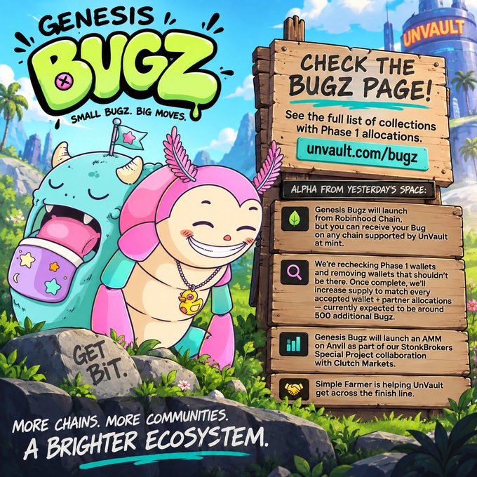 A promotional graphic for "GENESIS BUGZ" features cartoon characters and text directing viewers to "CHECK THE BUGZ PAGE!" at unvault.com/bugz for Phase 1 collection information.