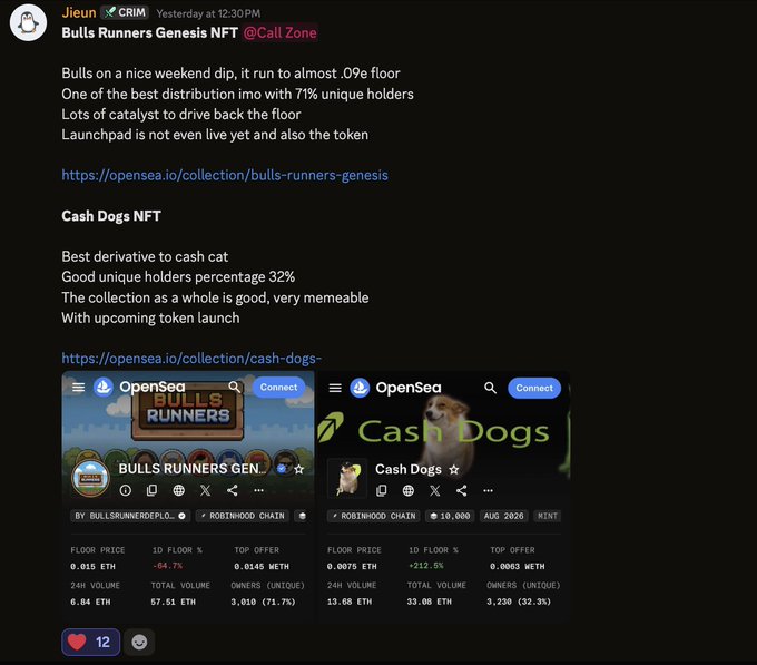 Discord message from user "Jieun" in the CRIM channel sharing NFT trading insights for "Bulls Runners Genesis NFT" (floor at 0.015 ETH with 71.7% unique holders) and "Cash Dogs NFT" (floor at 0.0075 ETH with 32.3% holders), featuring OpenSea collection screenshots. The post highlights the Bulls Runners Genesis NFT as a successful call that appreciated from 0.015 ETH to 0.083 ETH (5x gain) for the Velcorians community.