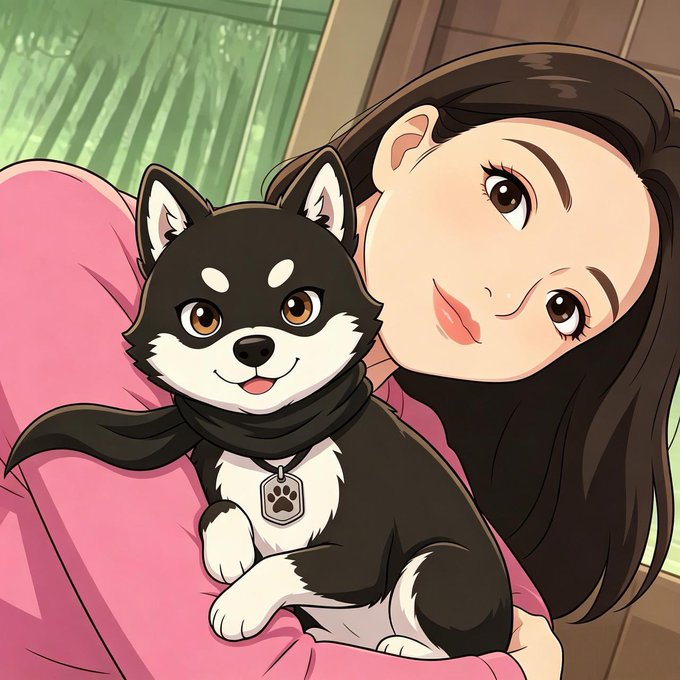 The image features a girl holding a black and white dog, with both of them smiling at each other. The girl appears to be wearing a pink shirt, which complements the dog's fur color. The background shows a window, suggesting that they are indoors or in an open space with natural light. The caption on the post reads "感谢 @0xMoon 大做了这个图", indicating that someone has created this image and is sharing it online.