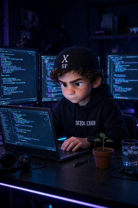 A stylized digital illustration of a young person with curly hair wearing a black cap and hoodie with text 'SFZOREX69', intensely typing on a laptop surrounded by multiple monitors displaying code.