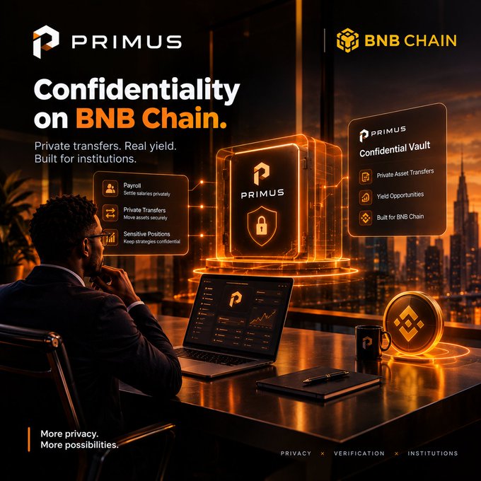 A promotional graphic for PRIMUS on BNB Chain, advertising 'Confidentiality on BNB Chain' with features including Private Asset Transfers, Yield Opportunities, and Confidential Vault for institutional use.