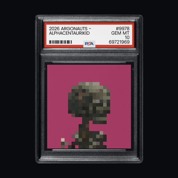 A PSA-graded trading card slab labeled "2026 ARGONAUTS - ALPHACENTAURIKID #9978 GEM MT 10" with serial number 69721969, featuring a pixelated character against a pink background.