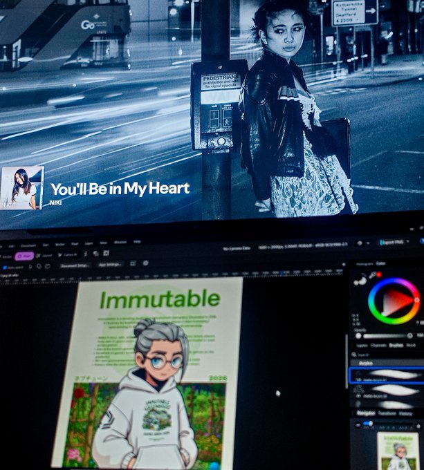 A photo of two computer monitors; the top shows a music player playing "You'll Be in My Heart" by NIKI, while the bottom displays a Photoshop editing session with the text "Immutable" over a character illustration.