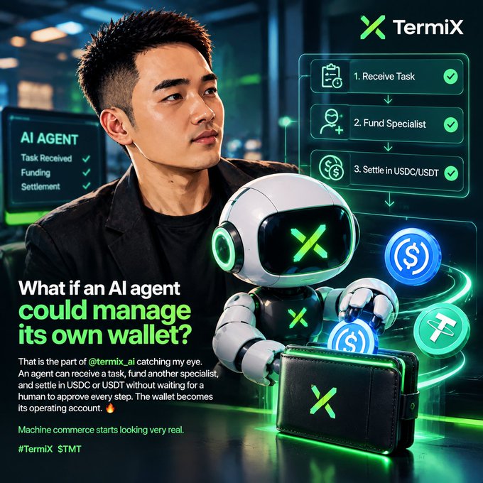 A promotional graphic for TermiX featuring a man and a robot, asking 'What if an AI agent could manage its own wallet?' explaining that agents can receive tasks, fund specialists, and settle in USDC/USDT autonomously.