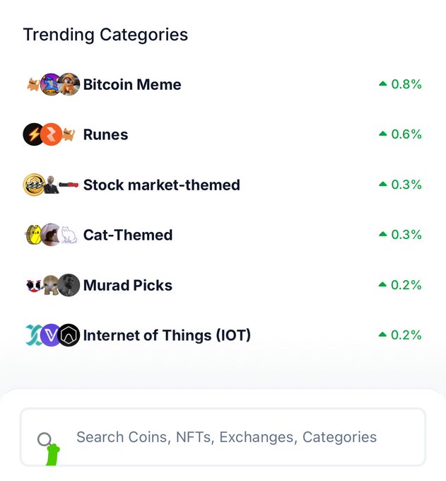 A mobile screenshot displays 'Trending Categories' including 'Bitcoin Meme' (up 0.8%), 'Runes' (up 0.6%), 'Stock market-themed', 'Cat-Themed', 'Murad Picks', and 'Internet of Things (IOT)'.