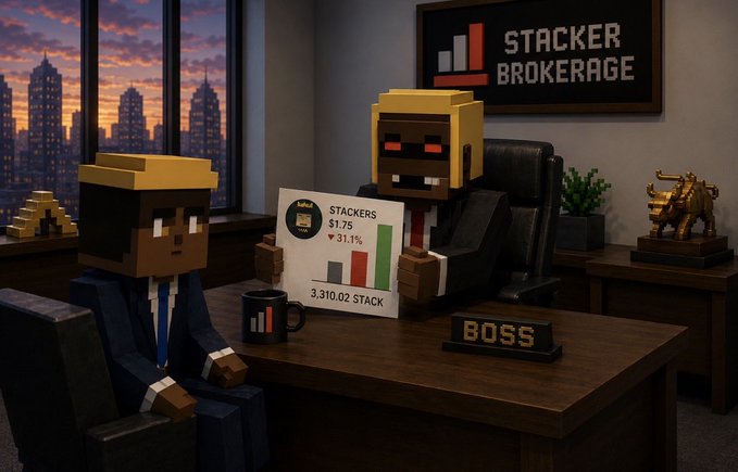 A 3D pixel-art style rendering of an office scene where a voxel character sits across a desk from a 'BOSS' figure; a sign behind them reads 'STACKER BROKERAGE'. The boss holds a paper showing 'STACKERS $1.75 ▼31.1%' and '3,310.02 STACK'.