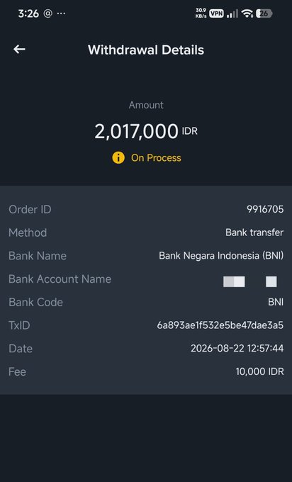 A mobile screenshot of a Withdrawal Details page showing a withdrawal of 2,017,000 IDR via bank transfer to Bank Negara Indonesia (BNI) with a status of 'On Process' and a fee of 10,000 IDR, dated 2026-08-22.