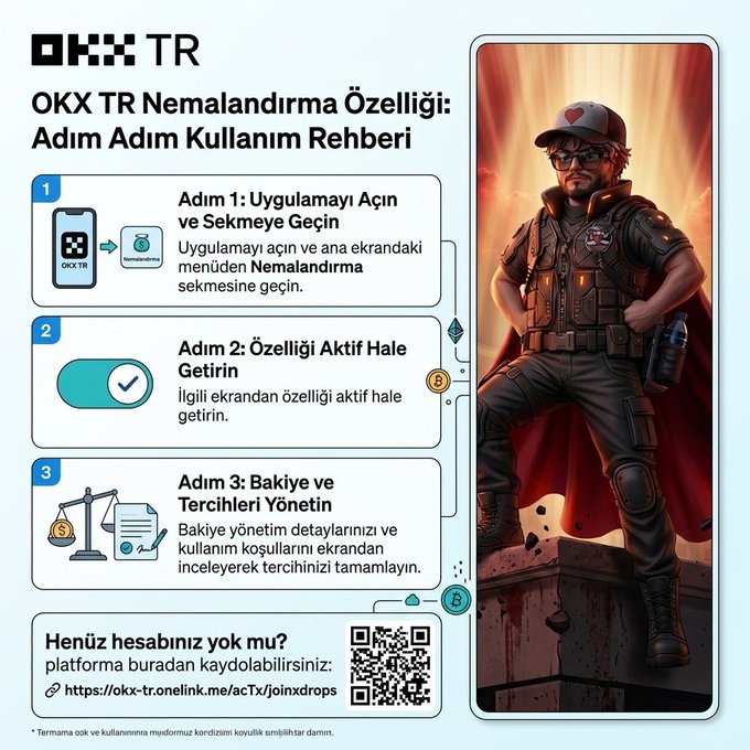 This image is an infographic titled "OKX TR Nemalandırma Özelliği: Adım Adım Kullanım Rehberi" (OKX TR Staking Feature: Step-by-Step Usage Guide), visually complementing the post's instructions with three numbered steps: 1) Open the app and go to the Staking tab, 2) Activate the feature, and 3) Review balance management and preferences, alongside a QR code link (https://okx-tr.onelink.me/acCTx/joinxdrops) and an illustration of a heroic character wearing an OKX-branded vest and cap.