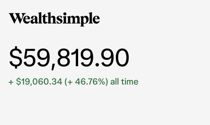 A Wealthsimple account showing a balance of $59,819.90 with an all-time gain of +$19,060.34 (+46.76%) displayed in green.