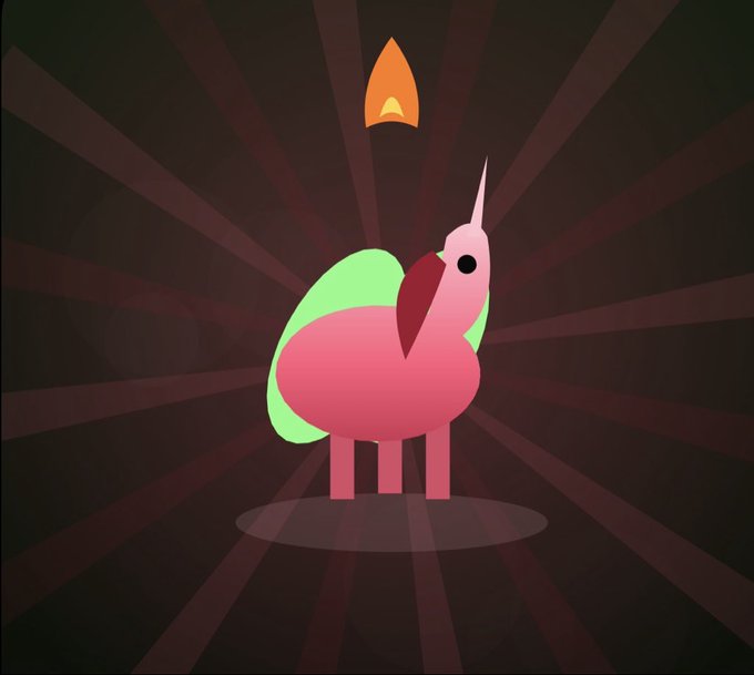 A minimalist 2D animation frame shows a pink, bird-like figure with a green shell standing in a spotlight against a dark, radiating background.