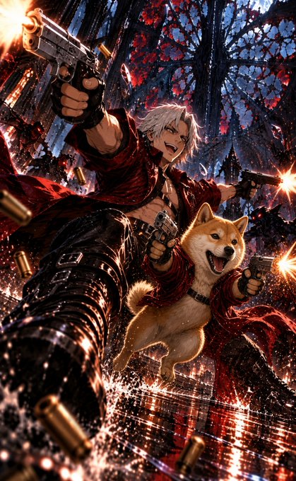 Anime-style digital artwork depicting a white-haired character and a Shiba Inu dog, both holding guns and wearing red outfits, in a dynamic action pose amidst flying shell casings and a stylized forest background.