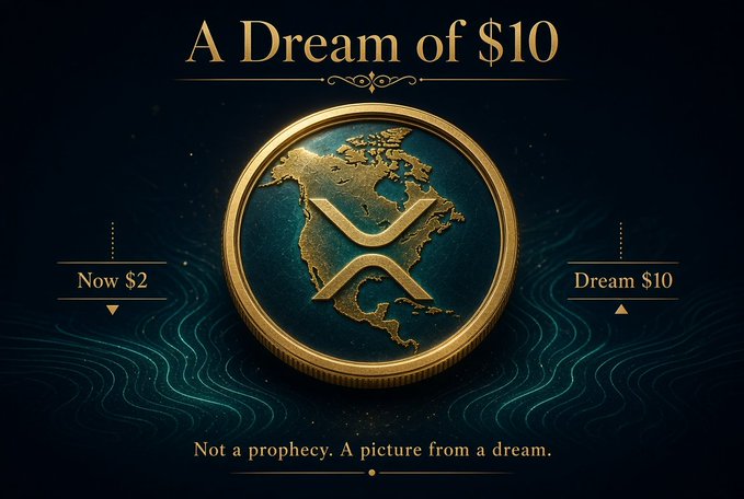 A gold coin featuring the XRP/ripple logo over a globe with text 'A Dream of $10', 'Now $2', 'Dream $10', and 'Not a prophecy. A picture from a dream.'