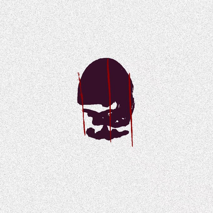 A dark, dripping skull silhouette in deep purple and red is rendered against a grainy, light gray textured background, evoking a moody, edgy aesthetic. The stark, minimalistic artwork complements the cryptic "0.01 eth each" post, suggesting a low-priced NFT-style offering with a dark, underground vibe.