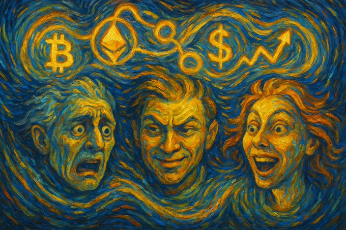 A Van Gogh-style swirling painting depicts three expressive faces—appearing shocked, slyly smiling, and gleeful—beneath glowing financial symbols including a Bitcoin (₿), Ethereum, a dollar sign ($), and an upward-trending arrow. The emotive figures and chaotic swirls visually capture the universal spread of market emotions—fear, greed, and FOMO—that the post describes as being magnified across millions of participants.