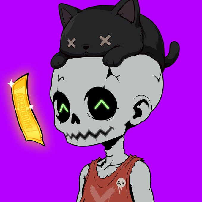 A digital illustration shows a cartoon skull character with a black cat on its head against a purple background, next to a glowing gold ticket.