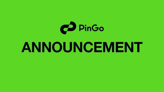 A bright green graphic with the PinGo logo at the top and the word 'ANNOUNCEMENT' in large black text below.