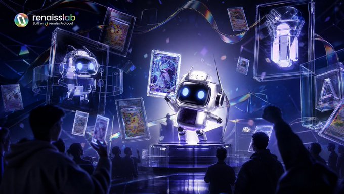 A promotional graphic for 'renaiss lab' featuring a glowing robot mascot surrounded by floating digital trading cards in a futuristic setting.