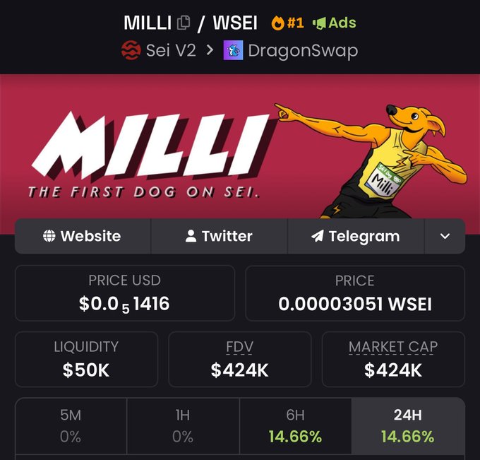 A cryptocurrency listing page shows 'MILLI / WSEI' token priced at $0.0₅1416 with a market cap of $424K, featuring a mascot with the tagline 'THE FIRST DOG ON SEI.'