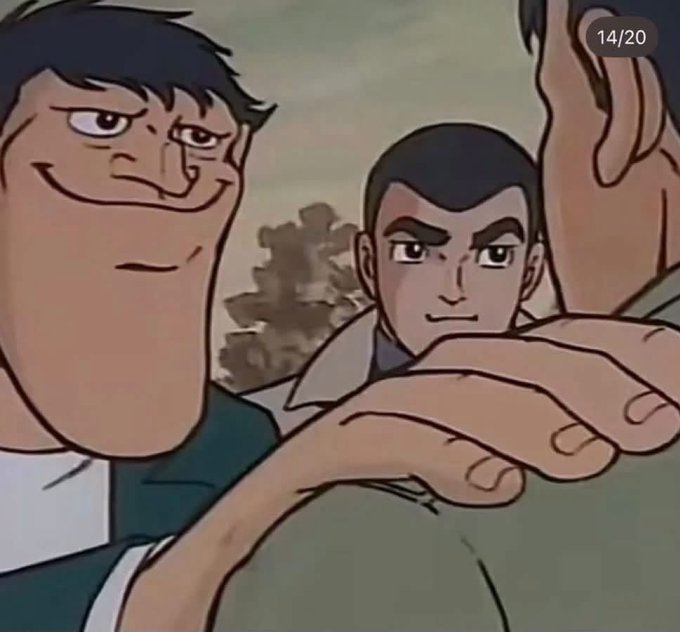 An anime scene shows three male characters, with the central figure looking surprised while others flank him; a '14/20' counter is visible in the top right corner.
