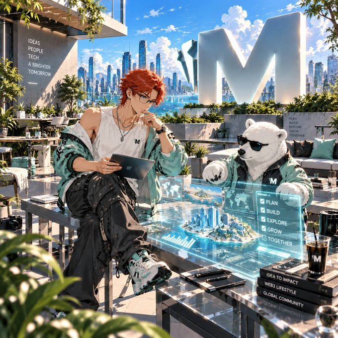 Anime-style digital art depicting a red-haired young man with glasses and a white bear mascot wearing sunglasses, both in matching teal and white outfits, collaborating on a holographic interface with the words 'PLAN, BUILD, EXPLORE, GROW, TOGETHER' in front of a futuristic cityscape.