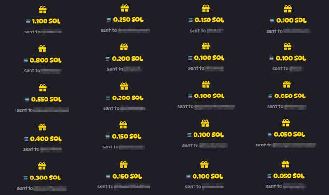 A screenshot of multiple Solana (SOL) transactions, each labeled "sent to" a recipient, with amounts ranging from 0.050 SOL to 1.100 SOL, visually confirming the post's claim that the sender has distributed 30+ SOL in rewards and giveaways to players of RugsFun.