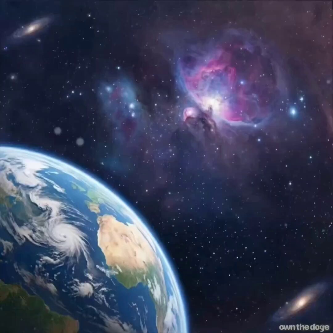 The image features a planet with a blue sky, surrounded by stars and nebulae. In the background, there are three other planets visible - one of which has a red nebula. The caption reads "Intergalactic Doge Alliance", suggesting that this is an advertisement or promotional material for a group or organization related to astronomy or space exploration.