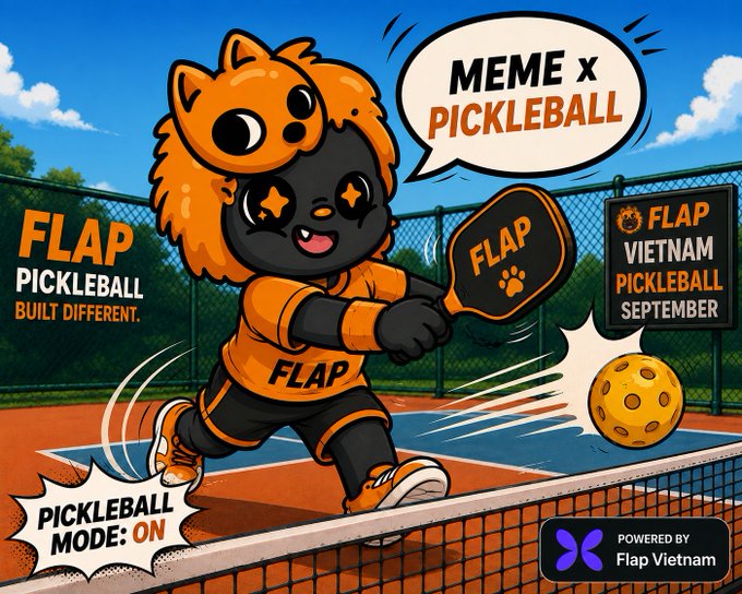 A promotional graphic showing a black cat character wearing an orange fox hat playing pickleball, with text including 'MEME x PICKLEBALL', 'FLAP PICKLEBALL BUILT DIFFERENT.', and 'FLAP VIETNAM PICKLEBALL SEPTEMBER'.